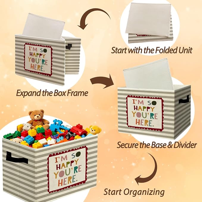 Rustic Boho Classroom Storage Bins Boxes with Handles | books clothes, i'm so happy you are here grey striped nursery foldable basket for organizing bedroom toddler room playroom - Image 6
