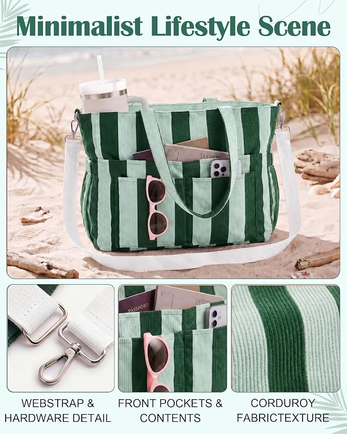 Kacctyen Striped Beach Tote Bag for Women Large Beach Foldable Tote Bag with Zipper Pockets for Travel Pool - Image 5