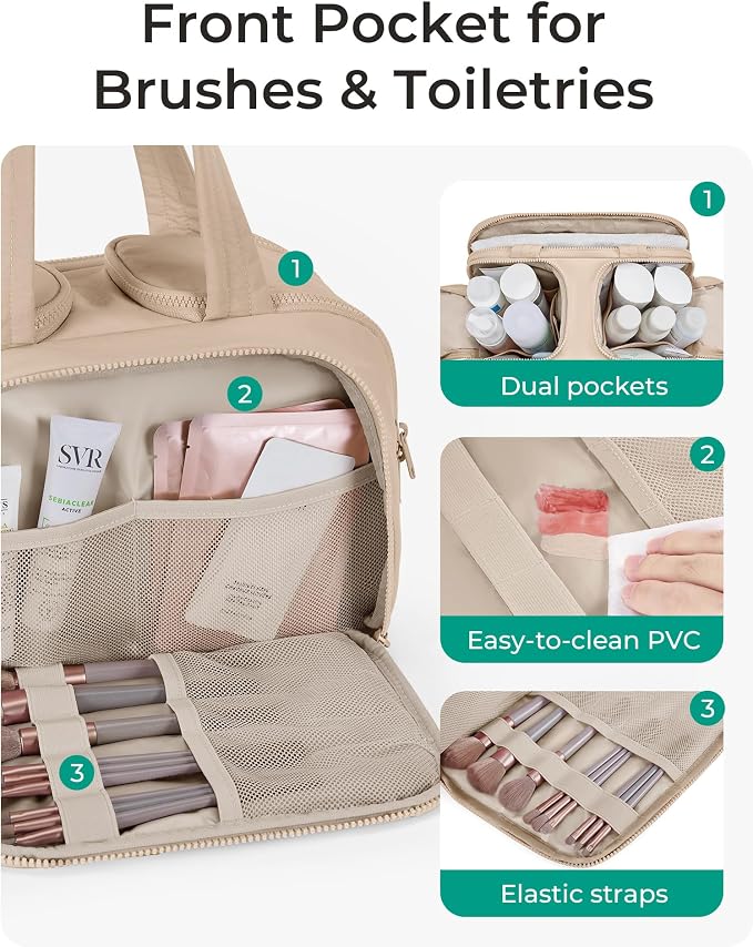 BAGSMART Travel Toiletry Bag, Puffy Toiletry Bag for Women, Wide-open toiletry bags for traveling, Large Travel Cosmetic Makeup Bag Organizer for Accessories,Toiletrie (Khaki) - Image 2