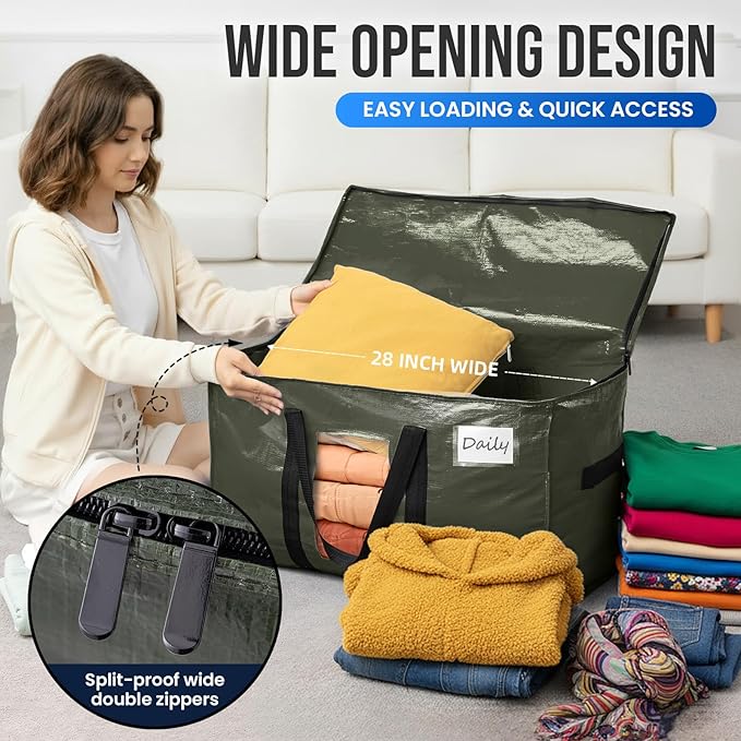 TAILI 4 Pack Green Extra Large Moving Bags,Storage Bag with Visible Window | 93L Heavy Duty Totes For Storage,Wrap Around Handles,Alternative to Moving Boxes, College Dorm,Perfect for Moving - Image 4