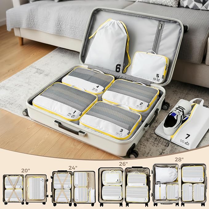 7 Set Compression Packing Cubes for Travel, Luggage Organizer Bags for Suitcases with Mesh Panels, Shoe Bag & Toiletry Bag for Carry On, Vacation & Cruise Essentials (White) - Image 4
