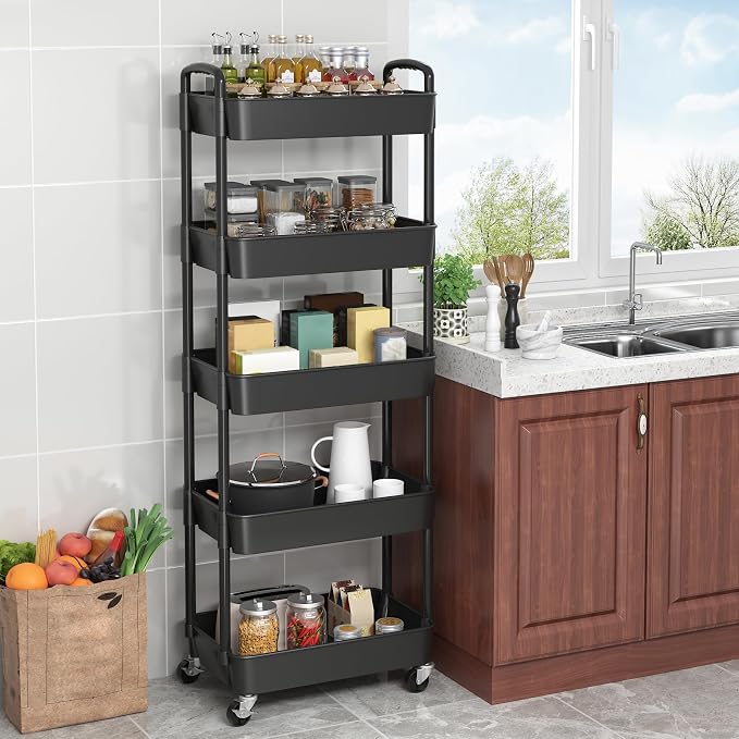 Sywhitta 5-Tier Plastic Rolling Utility Cart with Wheels,Black | Multi-Functional Storage Trolley, for Office, Living Room, Kitchen, Bathroom,Movable Organizer,Space-Saving,Easy to assemble - Image 4