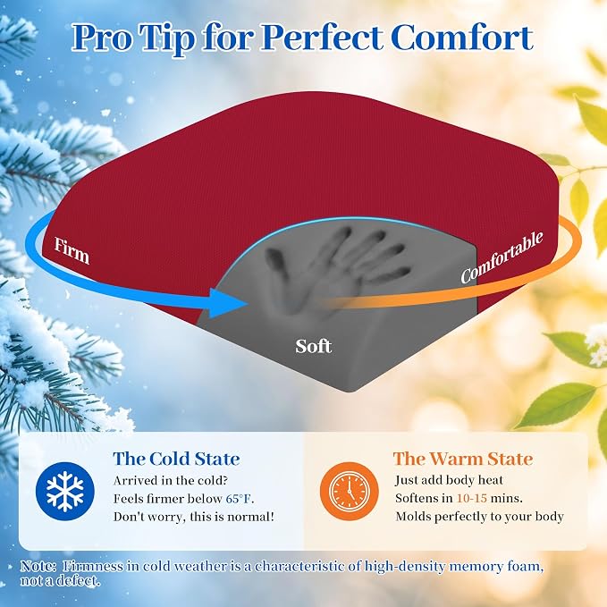 TranquilRelax XL Memory Foam Seat Cushion for Office Chair, 3.35-Inch, Red | Medium-firm Support for Long Sitting, Washable Mesh Cover, Non-slip Base, Perfect for Car Seats & Short Drivers - Image 8
