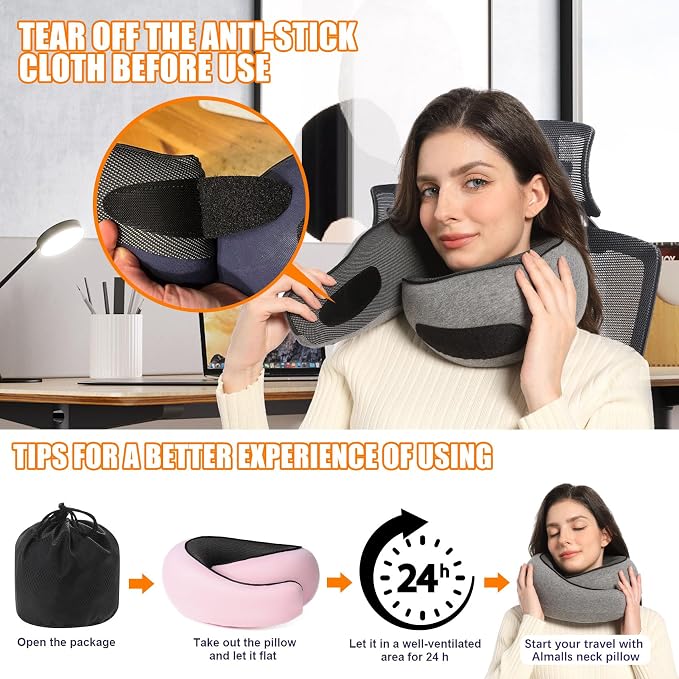Travel Neck Pillows for Airplanes Or Trains, 360° Head Support Sleep for Long Flight, Skin-Friendly and Breathable, Kit with 3D Contoured Eye Mask, Earplugs and Storage Bag Gifts for Family - Image 4