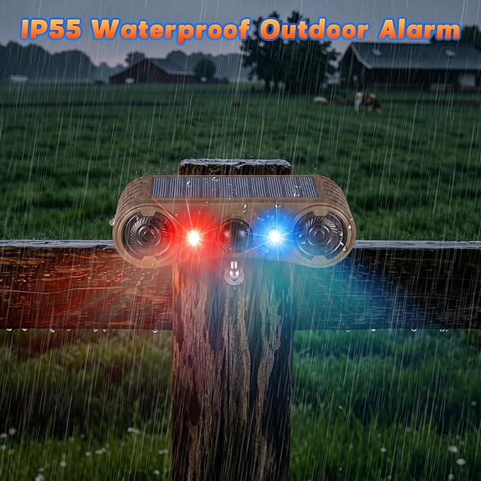 Solar Motion Sensor Alarm Outdoor, 130dB Dual Speaker Loud Noise Maker | Red & Blue Strobe Light, 13 Sounds Continuous Loop Playback, 4 Working Modes for Home, Villa, Farm, Chicken Coop - Image 5