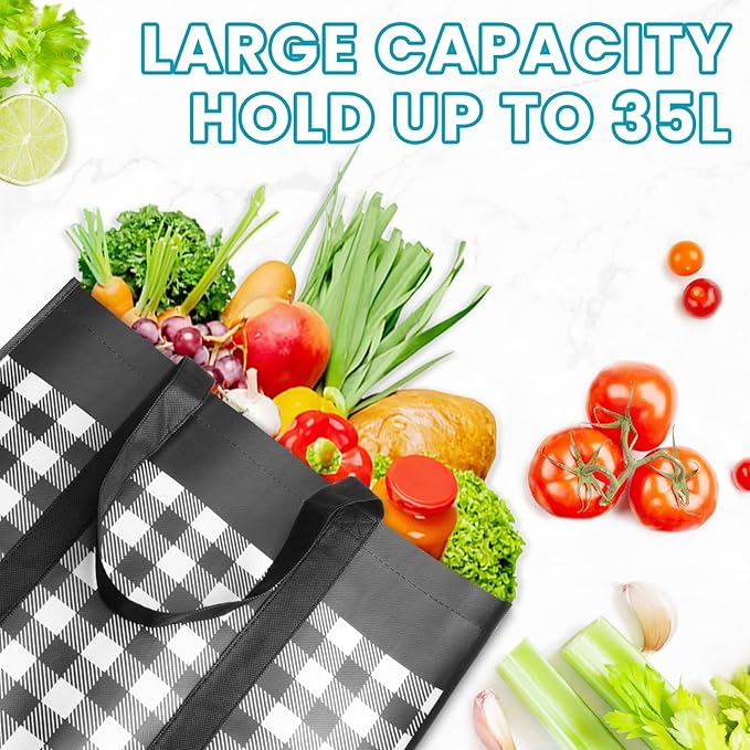 WOWBOX Reusable Grocery Bags, Foldable Reusable Shopping Tote Bags | 4-Pack Large Storage Bags bulk with Reinforced Handles and Water Resistant Coating for Groceries,Multipurpose,Black-White - Image 6