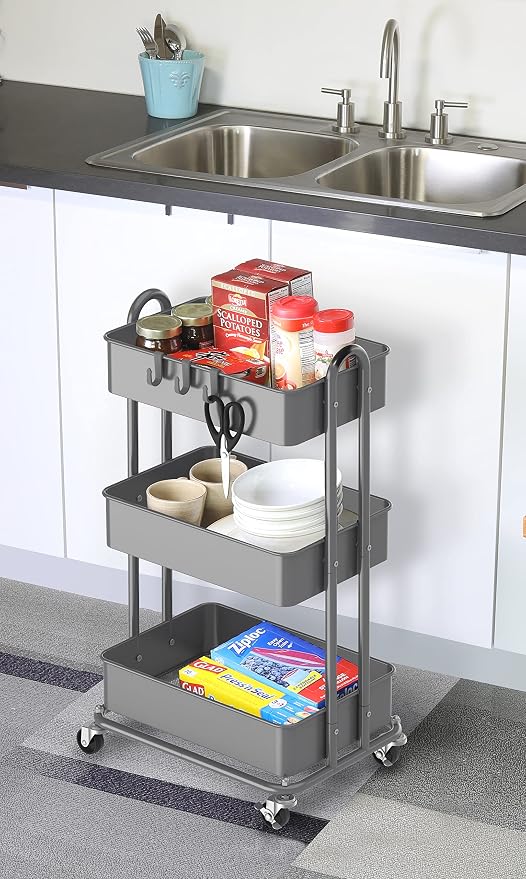 Simple Houseware 3-Tier Heavy Duty Metal Utility Rolling Cart, Silver - Image 5