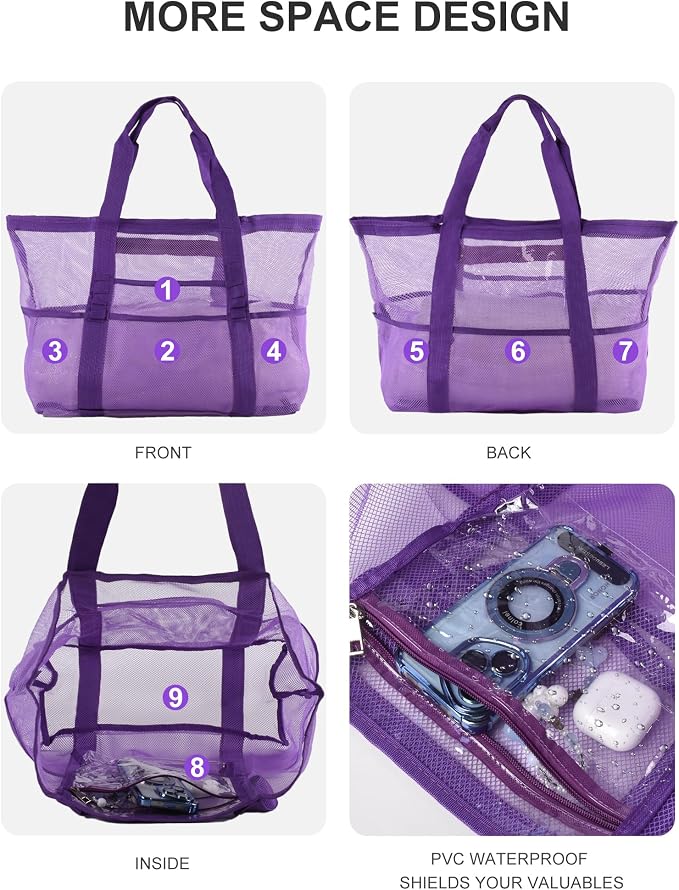Genteen 40L Mesh Beach Bag, Foldable Sandproof Tote with Waterproof Pocket Quick Dry for Women Family Pool Vacation - Image 5