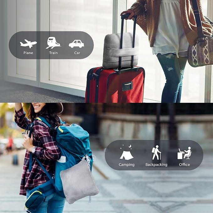 DEZ FURNISHINGS 4-in-1 Self-Storing Travel Blanket & Pillow, Soft Fleece Airplane Blanket with Luggage Sleeve & Backpack Clip, 60" x 45", Gray - Image 6