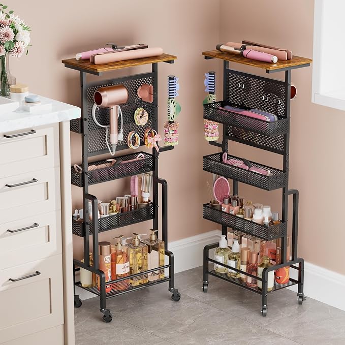 VINAEMO Hair Tool Organizer Cart, Slim Rolling Hair Dryer Holder for Vanity Bathroom Salon, Hot Tool Storage Cart with Heat Resistant Basket for Curling Flat Iron, Blow Dryer Care & Styling Tools by VINAEMO