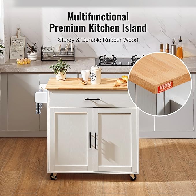 VEVOR Kitchen Island Cart with Solid Wood Top, 35.4" Width Mobile Carts with Storage Cabinet, Rolling Kitchen Table with Spice Rack, Towel Rack, Drop Leaf and Drawer, Portable Islands on Wheels, White | For Home Cooking, Space Saving Drop Leaf For Extr... - Image 6