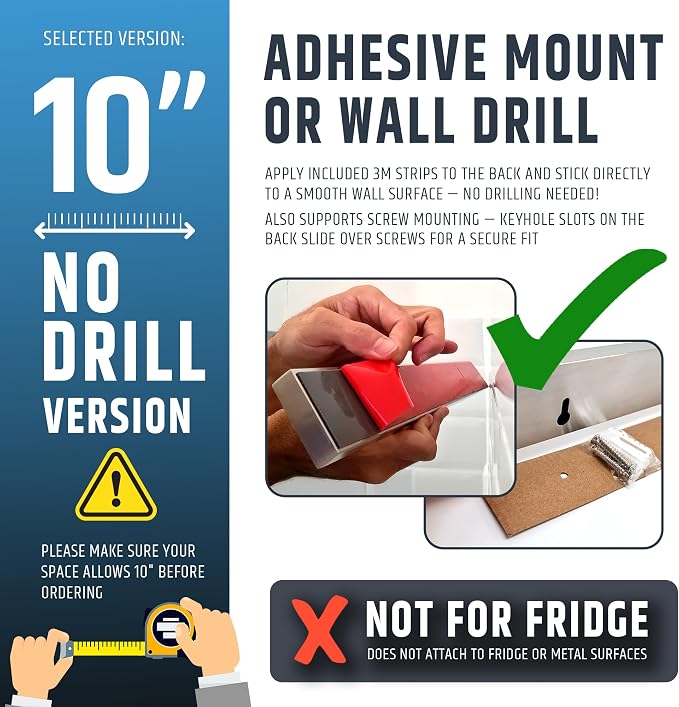 10" Strong Adhesive (No Drill) Magnetic Knife Holder for Wall - Professional Knife Strip - No Screws Needed - Adhesive Backing - Stainless Steel Bar (Upgraded Version – Will Not Fall) - Image 3