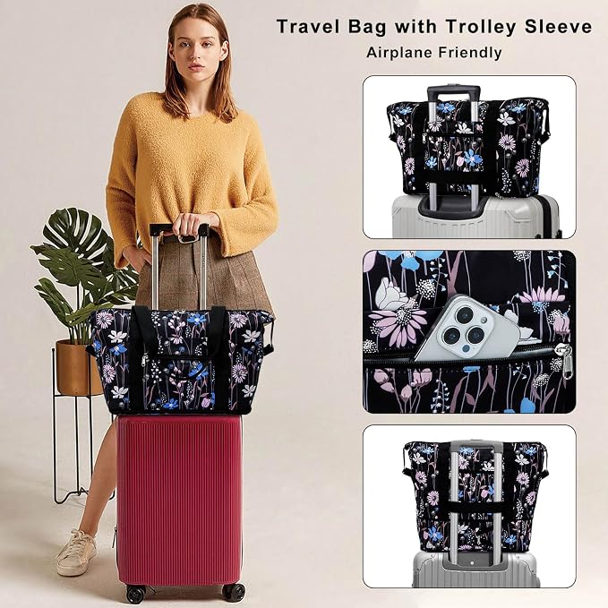 Expandable Duffel Bag for Women with Trolley Sleeve/Wet Pocket Weekender Travel Tote Large Carry On Overnight Luggage - Image 2