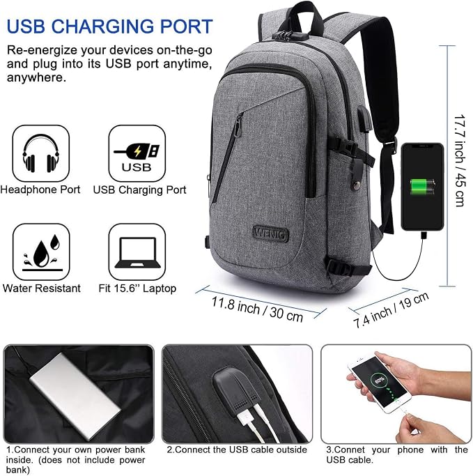 WENIG Laptop Backpack,Business Travel Anti Theft Backpack for Men Women with USB Charging Port,Slim Durable Water Resistant Computer Backpack Fits 15.6 Inch Laptop Notebook,Grey - Image 2