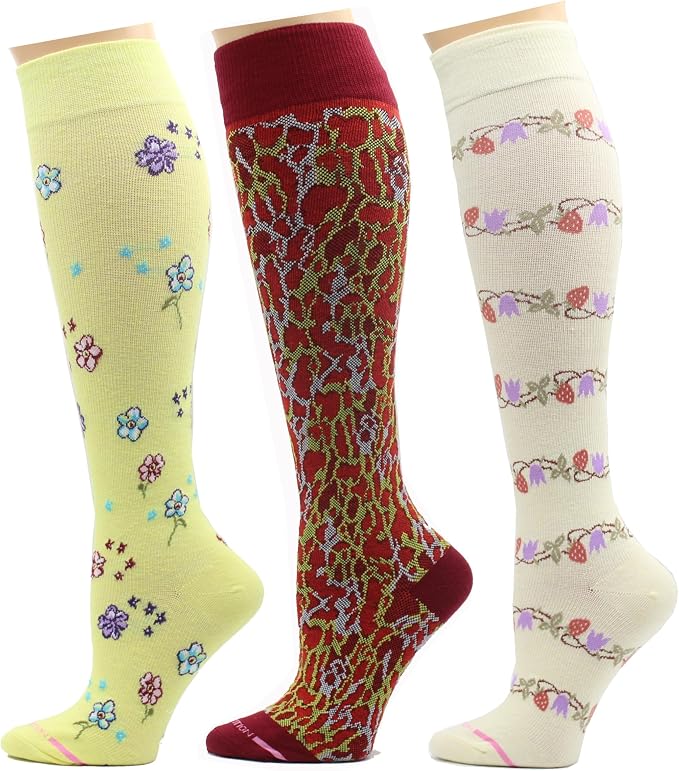 Dr. Motion 3 Pairs Light Summer Bright Fun Graduated Compression Women's Knee-Hi Socks by Dr.+Motion