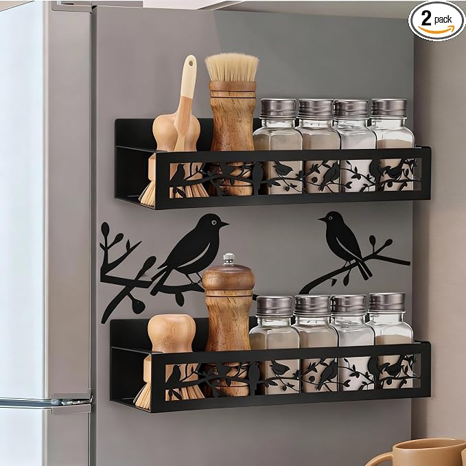 Beeveer 2 Pcs Magnetic Spice Rack for Refrigerator, Black Bird | Farmhouse Boho Rustic Kitchen Decor Accessories, Bird Lovers Gift, 2 Sizes Metal Storage Shelf for Fridge Spices, No Drilling by Beeveer