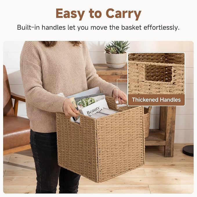 StorageWorks 13 inch Wicker Storage Baskets,Foldable Wicker Baskets,Natural | 2-Pack,Handwoven Organizer Baskets, Wicker Baskets for Organizing,Paper Rope Square Storage Cubes,Square Baskets,Woven Basket - Image 3