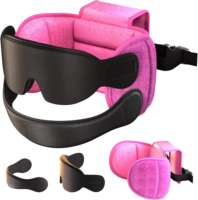 SARISUN Travel Pillow with Chin Strap for Different Seats, Stable Support | Seat Strap System, Fits with/out headrests Seats, Stop Head Bobbing, 3D Eye Mask Airplane Pillow for Long Flight, Pink by SARISUN