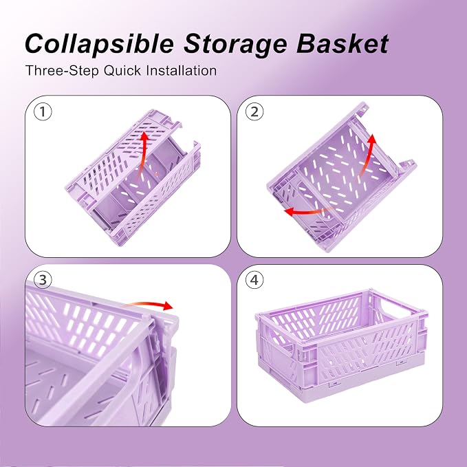 6 Pack Mini Foldable Small Plastic Baskets for Organizing and Storage，Collapsible Storage Crates,Mini Bins for Home Kitchen Bedroom Bathroom Office (Purple, Small 6x4x2.2) - Image 4