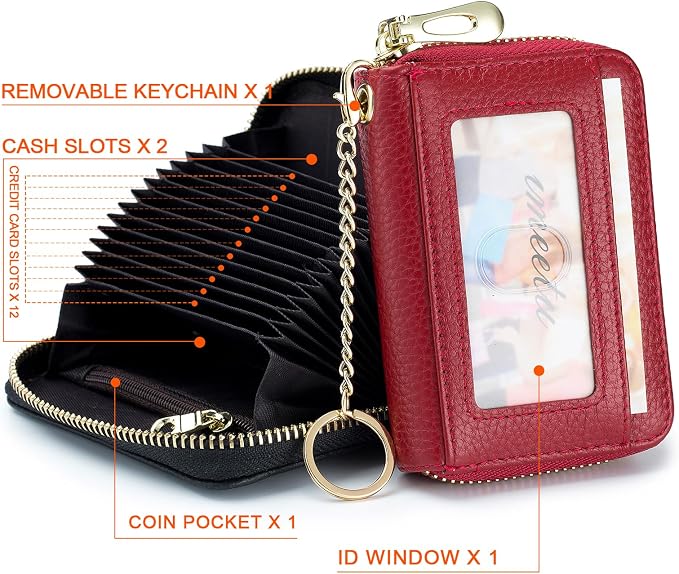 imeetu RFID Credit Card Holder, Small Card Wallet Women, Leather Card Case | Genuine Leather Women's Card & id Cases, Change Coin Purse with Zipper Keychain id Window, 20 Colors & 3 Styles, Daily, Gifts - Image 3