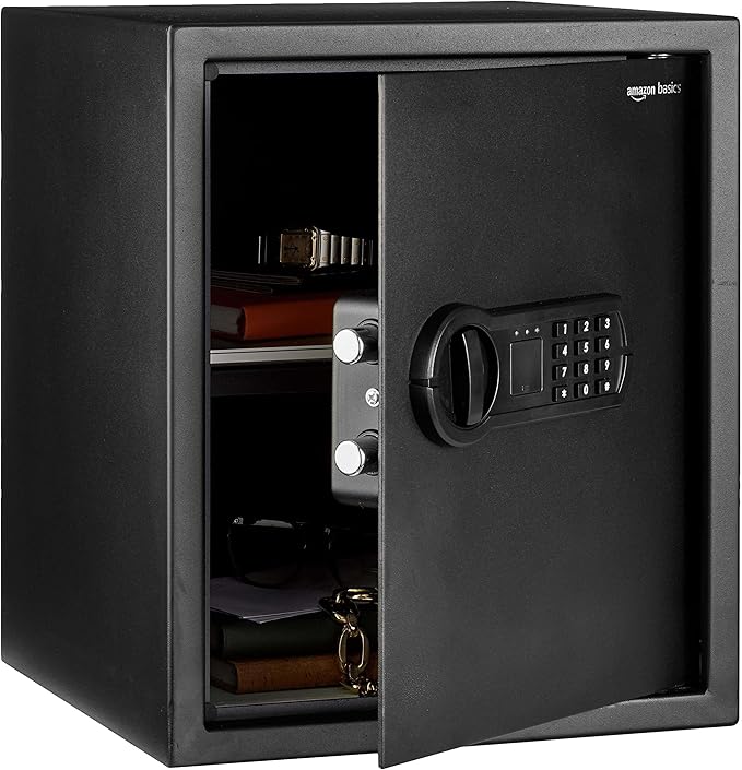 Amazon Basics Steel Home Security Safe with Electronic Keypad, Programmable Combination Lock for Documents, Jewelry, Valuables, Removable Shelf, 1.52 Cubic Feet, Black, 13.8"W x 13"D x 16.5"H by AmazonBasics