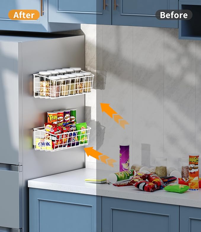 2Pack Magnetic Shelf for Refrigerator with Removable Hooks(White) | Strong Magnetic Spice Rack for Kitchen Storage, Fruit Potato Onion Storage Shelves, Large Magnetic Basket Organizer - Image 3
