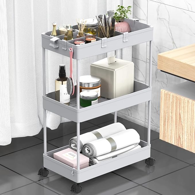 3 Tier Rolling Cart with Wheels, Storage Craft Art Trolley Organizer Serving, 3 Hanging Baskets Easy Assembly, for Office, Living Room, Kitchen, Gray by Home
