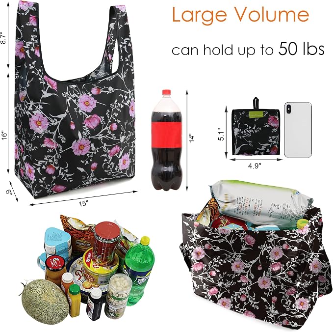 BeeGreen Floral Reusable Grocery Bags Bulk 6 Packs X-Large50LBS, Reusable Shopping Bags Foldable for Groceries, Vegetables, Fruits Bulk Tote Bags Washable For Women Men - Image 2
