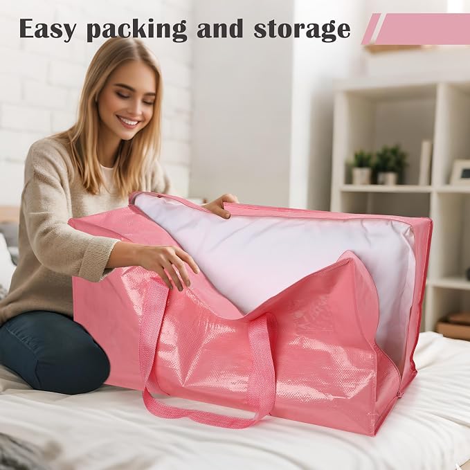 12 Pack Moving Bags with Full-Open Side Zipper, Extra Large 93L Heavy Duty Waterproof Foldable Storage Totes for College Dorm, Moving & Home Organization Pink - Image 4