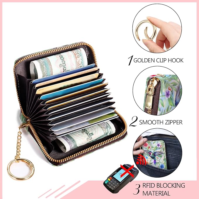 Blusabaca RFID Credit Card Holder Small Women Travel Wallet, Bird | Removable Keychain, Case with Zipper, Vegan PU Leather, Cash Coin Pocket, Business Accordion Purse, Ladies Female Gift - Image 4