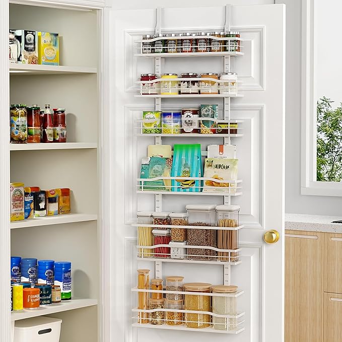 Moforoco White 6-Tier Over Door Pantry Organizer, Pantry Organization Storage, Door Metal Hanging Spice Rack Basket Shelves, Home Kitchen Apartment Essentials, Laundry Room Bathroom Organization by MOFOROCO