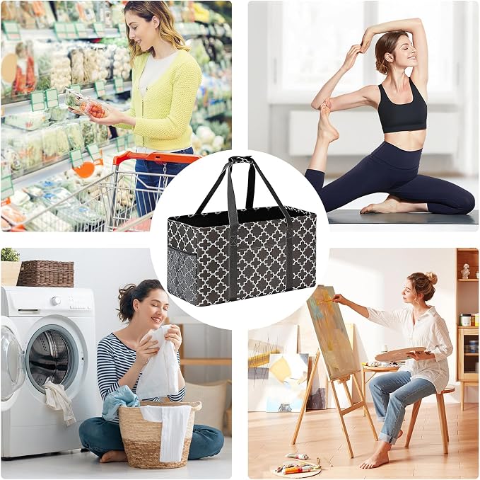 GhvyenntteS Extra Large Utility Tote Bag 2 Pack - Stand Up Utility Tote with Metal Wire Frame & Hard Bottom Board, Reusable Grocery Bags With Handles for Storage, Picnics, Beach, Laundry, Car, Camping - Image 2