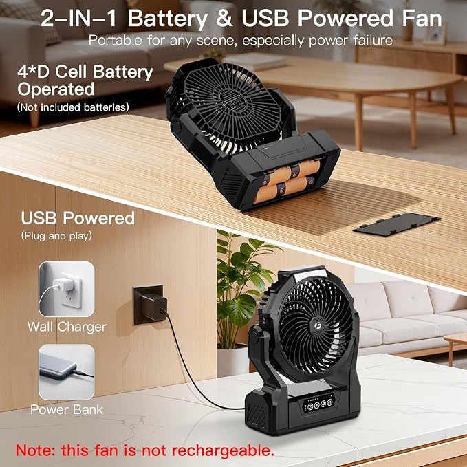 Battery Operated Fan, 2-in-1 D-Cell Battery & USB Powered Portable Fan with 4 Speeds, 3 Timers & 2 Light Modes, Super Long Lasting Camping Fan for Outdoor Tent Travel Picnic Office Bedroom - Black - Image 2