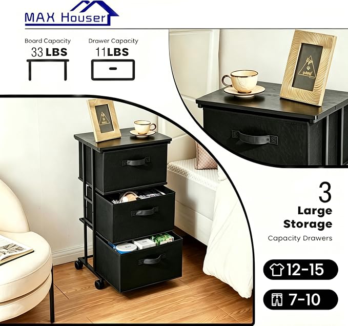 MAX Houser Dresser Storage with 3 Drawers, Fabric Dresser Tower, Vertical Storage Unit for Bedroom, Closet, Office, Black - Image 4