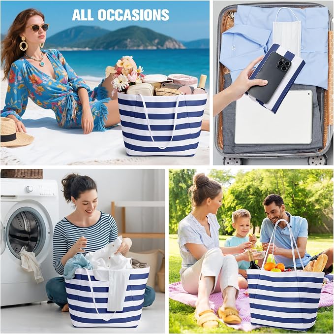 KALIDI Beach Tote Bag Women Large Waterproof Sandproof Shoulder Handbags | Foldable Grocery Bag Striped Pool Bag Lightweight Travel Purse for Picnic Travel Vacation Casual Errands Everyday Daily - Image 6