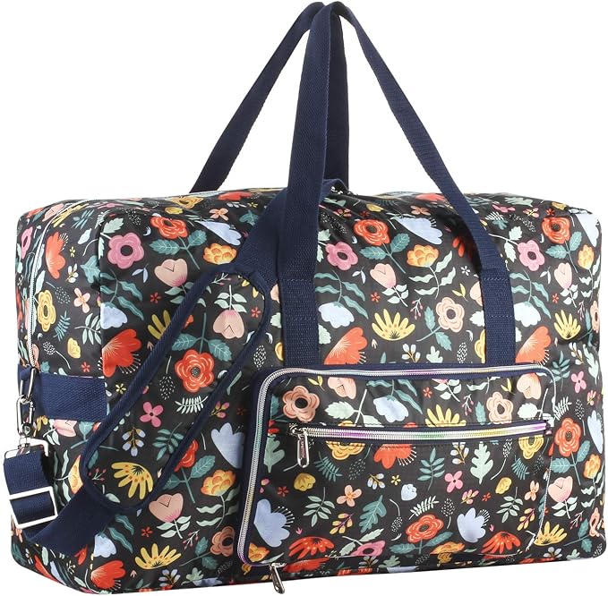 Travel Foldable Waterproof Duffel Bag - Lightweight Carry on Luggage Tote Duffel Bag(Black Floral) by FFETIVIN