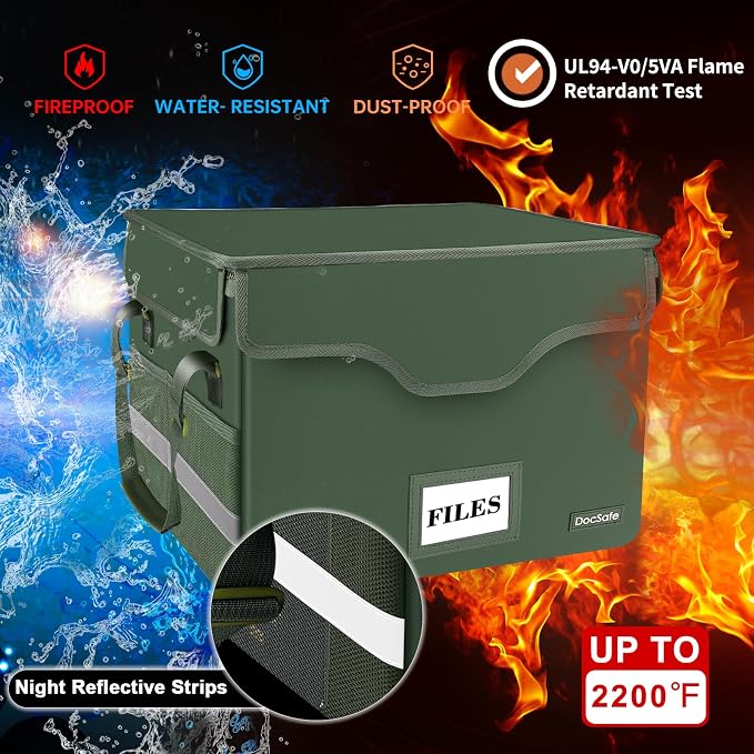 DocSafe Fireproof Document Box with Lock,File Storage Organizer with Mesh Pockets＆Lid,Collapsible Portable File Box Home Office Safe Filing Cabinet with Handle for Hanging Letter/Legal Folder,Green - Image 3