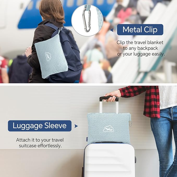 BEDELITE Travel Blanket with Bag, Jacquard Fleece Blanket 65"x40", Blue | Ultra-soft Airplane Blanket, Luggage Sleeve & Backpack Clip, Travel Essentials for Women, Foldable as Pillow for Long Flight - Image 4