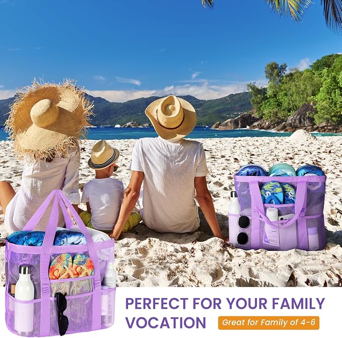 Tavaleu Mesh Beach Bag, Large Capacity Beach Tote, Multi Pockets, Sandproof | Mesh Material, Multiple Storage Pockets, Lightweight & Foldable Design, For Beach & Pool Use, Easy to Clean & Quick Dry - Image 7