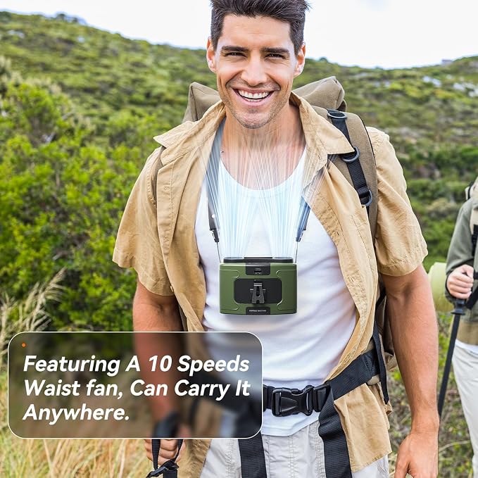 Doublepow 10000mAh Portable Waist Fan, Personal Dual Waist Fan, Clip On Belt Hanging Neck, Dual Motor 20H&10 Speed 16000RPM Strong Airflow, USB Rechargeable Fans, for Outdoor Work Travel(K60-Green) - Image 6