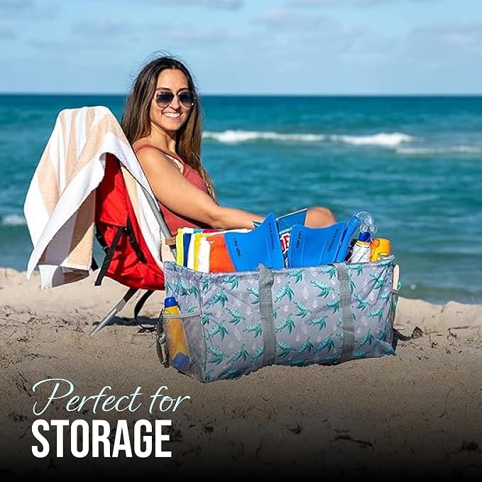 Extra Large Utility Tote Bag - Oversized Collapsible Reusable Wire Frame Rectangular Canvas Basket With Two Exterior Pockets For Beach, Pool, Laundry, Car Trunk, Storage - Turtle - Image 2