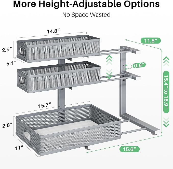 Kitstorack Under Sink Organizer, 2-Pack 3-Tier Height Adjustable Thickened Metal Pull out Cabinet Organizer Shelf, Slide out Storage Drawer Rack for Bathroom Kitchen Pantry Home Organization, Grey - Image 9