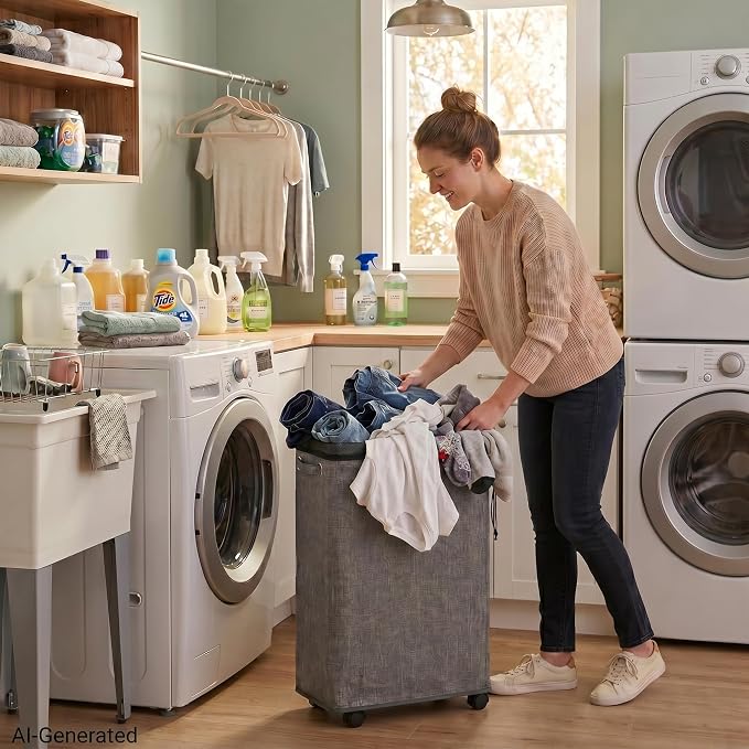 DOKEHOM 29" Enlarged Slim Rolling Laundry Basket Hamper on Wheels, Grey | Collapsible tall laundry hamper with removable mesh wash bag. Foldable narrow corner clothes storage bin for small spaces - Image 7