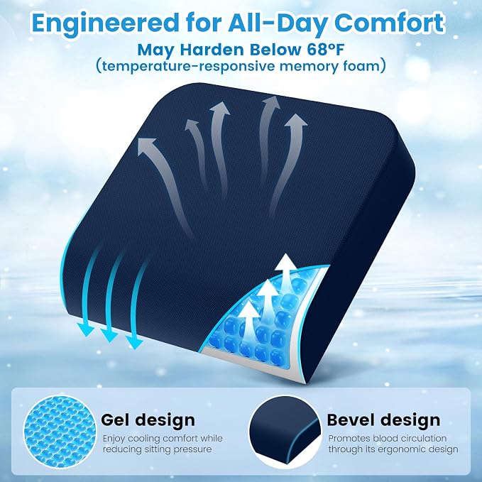 Wheelchair Seat Cushion - Cooling Gel & Memory Foam Office Chair Cushion with Non-Slip Bottom & Washable Cover, Ergonomic Car Seat Pillow for Sciatica, Tailbone, Back Comfort (Navy Blue) - Image 6
