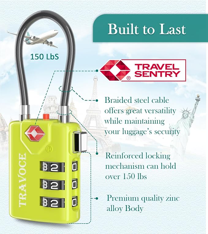 TSA Approved Luggage Locks, Combination Cable Locks, 2 Pack, Lime | Search Alert shows TSA key access; resettable 3-digit code and flexible braided steel cable for suitcases and backpacks. - Image 5