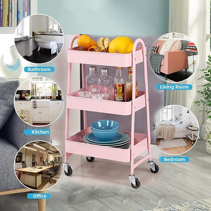 Utility Cart, 3-Tier Rolling Slim Storage Cart with Wheels, Metal, Pink - Image 5