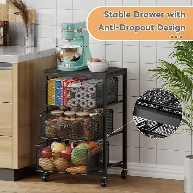 Pantry Organizer and Storage Cart, 3-Tier Kitchen Storage Cart with Drawer, Fruit Vegetable Storage Cart with Wheels, Wooden Top Metal Wire Kitchen Organizer Rack Stand for Food Snack Onion Potato - Image 3