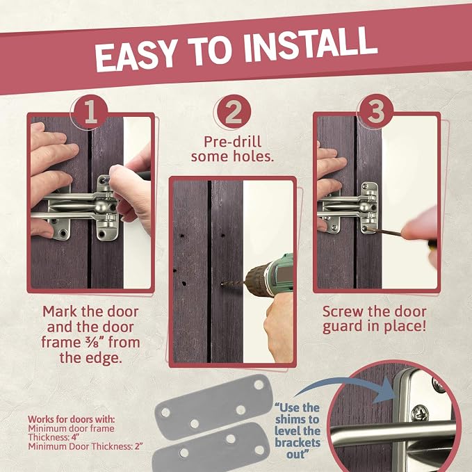 Jack N’ Drill Swing Bar Door Lock Durable Door Guard for Back & Front Doors, Childproof Door Security Made from Reinforced Diecast Metal for Home Security (Satin Nickel, 1 Pack & 5 Door Stopper) - Image 6