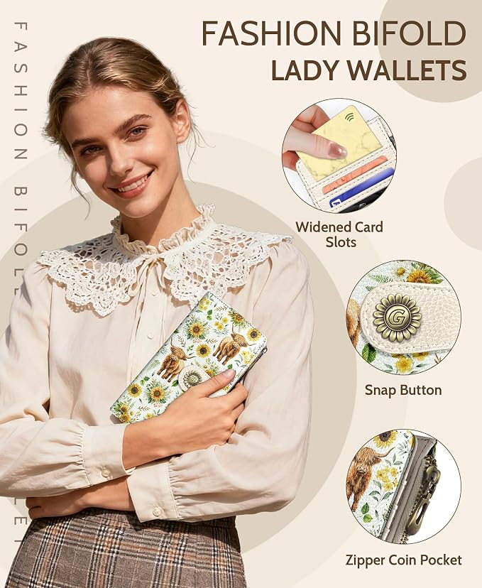 GIANCOMICS Highland Cow Womens Wallet RFID, Cute Credit Card Holder Bifold | Billfold, Cute Cash Purse, Travel Zipper Coin Pocket, Compact Clutch, PU Leather, ID Window, 11 Card Slots, Ladies Gift Woman - Image 6