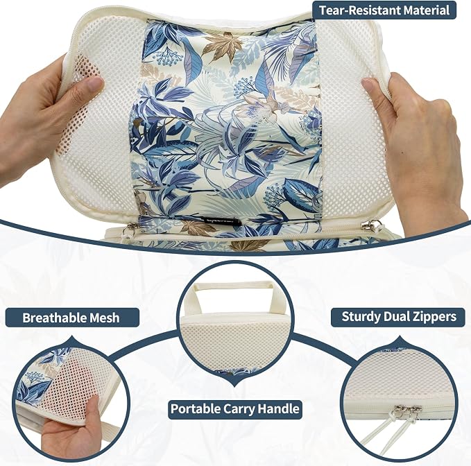 Compression Packing Cubes for Travel Essential, 4 Set Compression Bags for Travel Packing Organizer, Expandable Compression Cubes for Travel, Standard, Blue Floral - Image 3